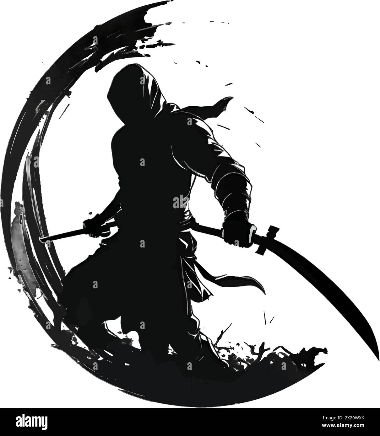 Illustration vectorielle de samouraï dans un cercle en silhouette noire sur un fond blanc propre, capturant des formes gracieuses. Illustration de Vecteur