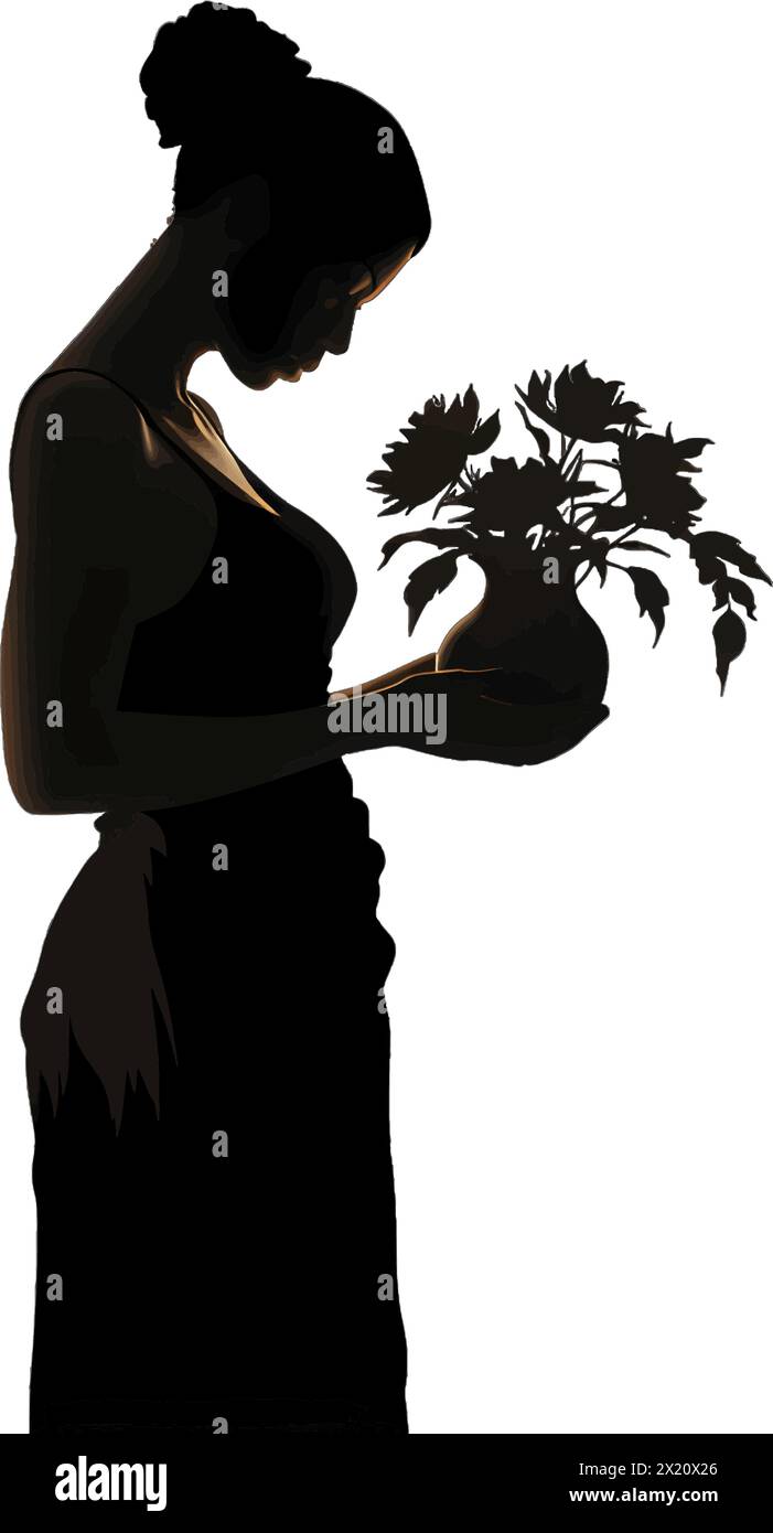 Illustration vectorielle d'une femme avec un vase en silhouette noire sur un fond blanc propre, capturant des formes gracieuses. Illustration de Vecteur