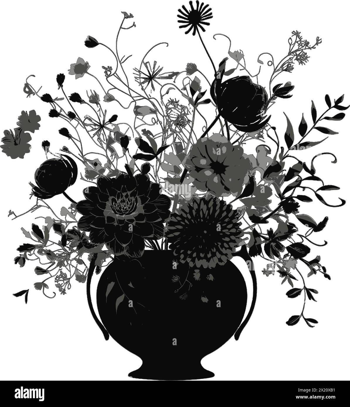 Illustration vectorielle de fleurs dans un vase en silhouette noire sur un fond blanc propre, capturant des formes gracieuses. Illustration de Vecteur