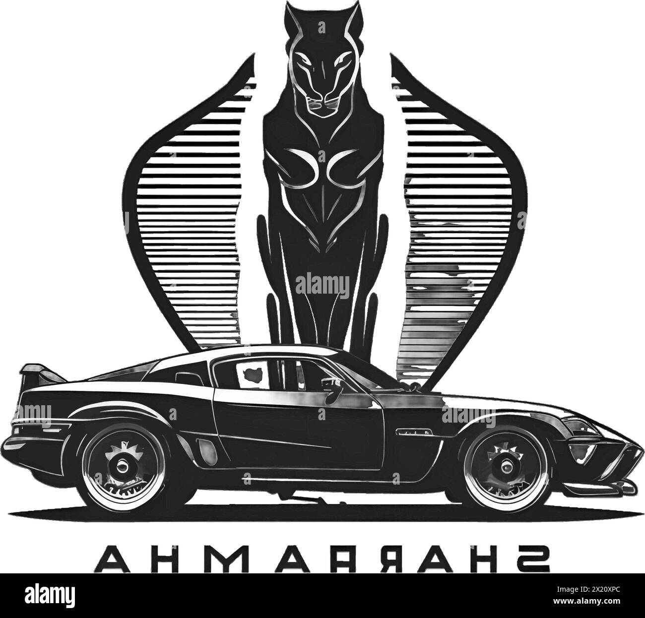 Illustration vectorielle de la panthère et de la voiture en silhouette noire sur un fond blanc propre, capturant des formes gracieuses. Illustration de Vecteur