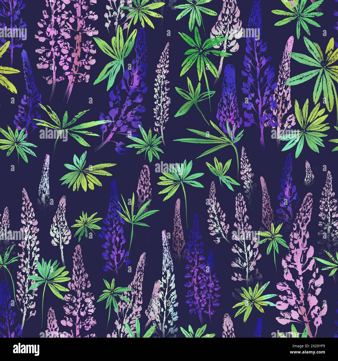 Fleurs de lupin et feuilles dans le motif floral sans couture dans la technique d'impression sur fond lilas foncé. Peut être utilisé pour l'impression sur les textiles, papier peint dans un Banque D'Images