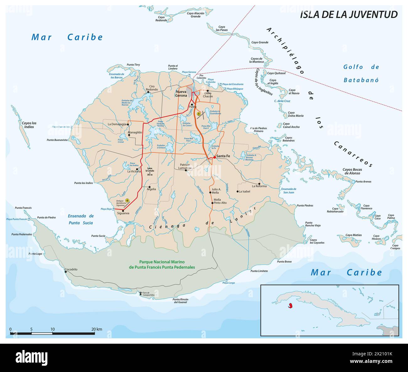 Carte vectorielle de l'île de la jeunesse cubaine, Isla de la Juventud Banque D'Images