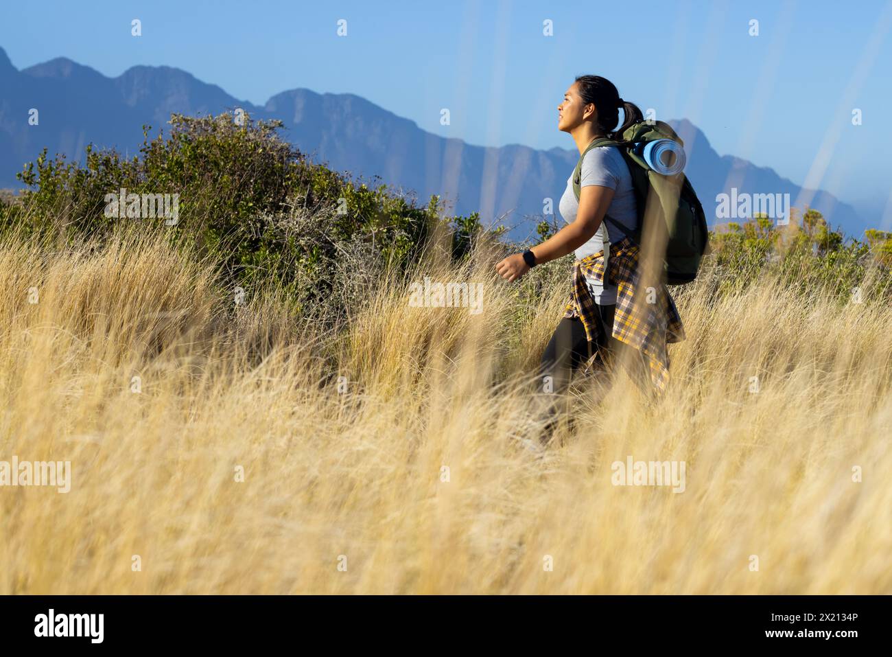 Une randonneuse biraciale femme marche à travers les hautes herbes avec sac à dos, espace copie Banque D'Images