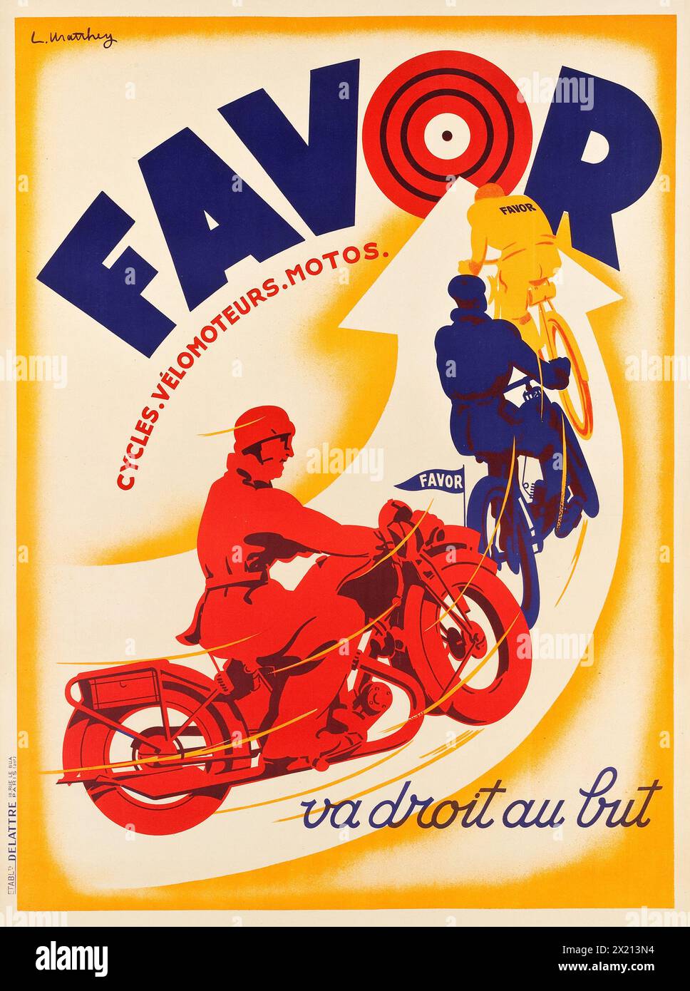 Affiche publicitaire de Favor Motorcycles (Delattre, années 1930) l Mathey Banque D'Images