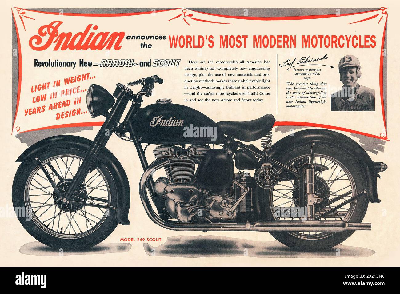 Motos indiennes - les motos les plus modernes du monde (Indian, 1948). Publicité de moteur vintage. Banque D'Images