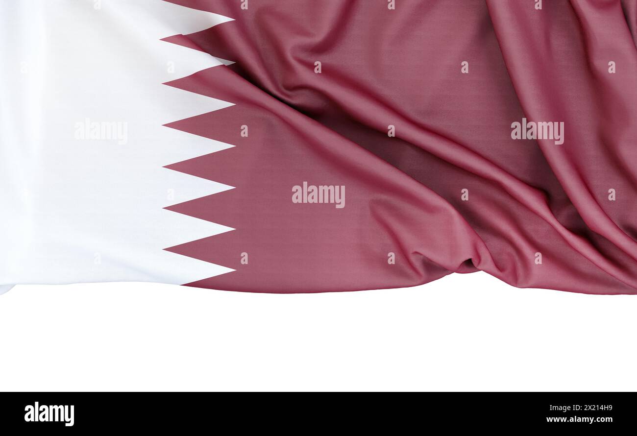 Drapeau du Qatar isolé sur fond blanc avec espace de copie ci-dessous. Rendu 3D. Banque D'Images