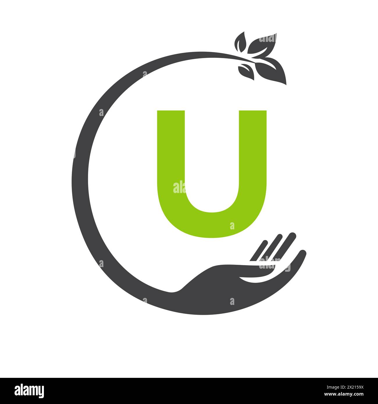 Logo ECO sur la lettre U concept avec symbole main et feuille. Affiche de recyclage Illustration de Vecteur