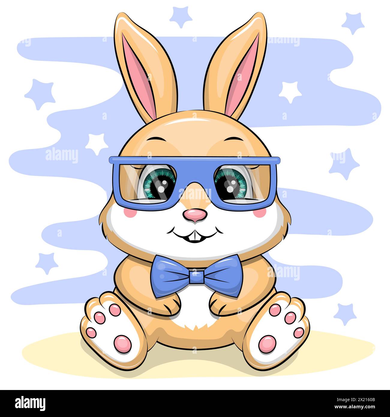 Joli lapin de dessin animé portant des lunettes bleues et un noeud papillon. Illustration vectorielle d'un animal sur un fond bleu avec des étoiles. Illustration de Vecteur