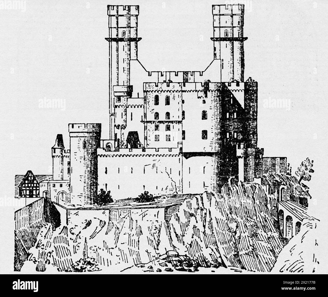 Architecture, châteaux, Allemagne, Liberec Castle, composé Goarshausen, CONSTRUIT EN 1319 - 1358, AUTORISATION-DROITS-SUPPLÉMENTAIRES-INFO-NON-DISPONIBLE Banque D'Images