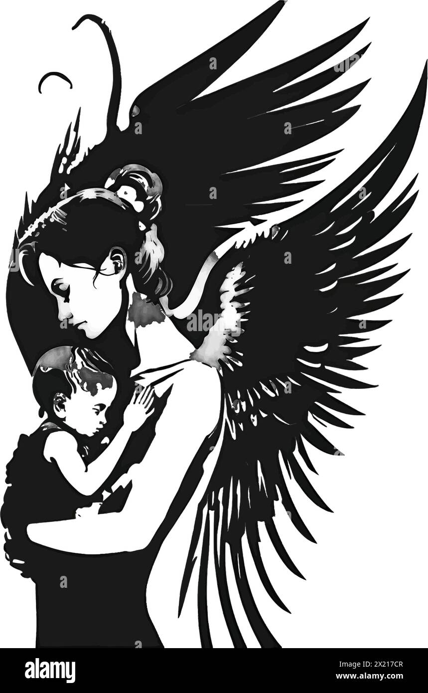 Silhouette noire d'une femme et d'un bébé sur fond blanc. Illustration de Vecteur