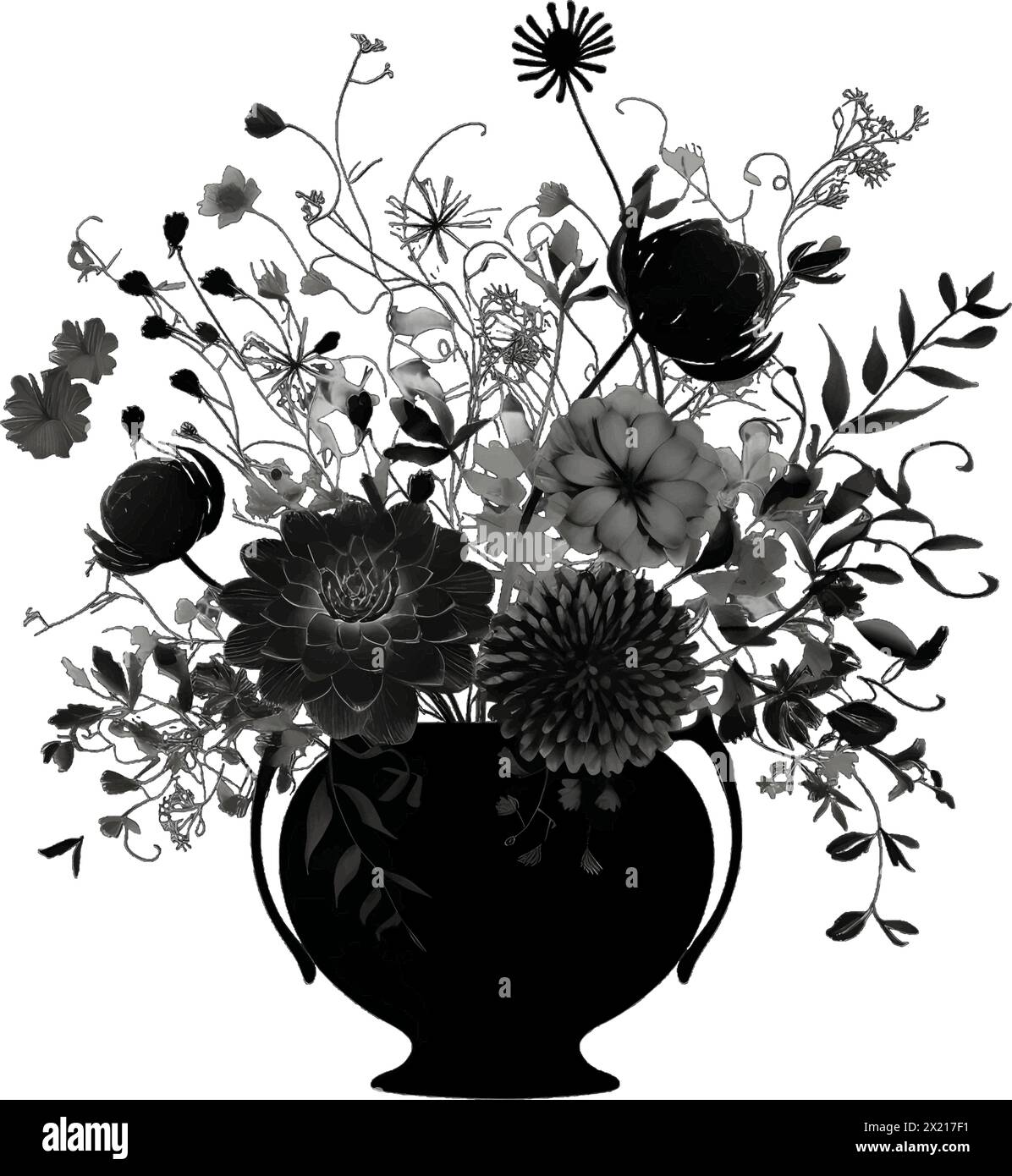 Illustration vectorielle d'un bouquet de fleurs en silhouette noire sur fond blanc propre, capturant des formes gracieuses. Illustration de Vecteur