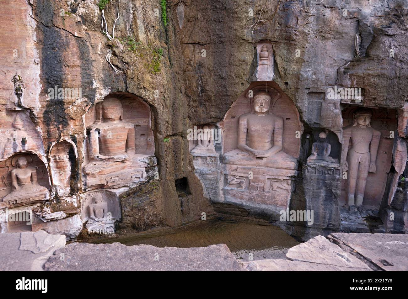 Sculptures Jain sculptées le long des deux parois rocheuses de la vallée, populairement connu sous le nom de Rock - Cut Jain images Urwai Gate ou Siddhanchal groupe de grottes, Fo Banque D'Images