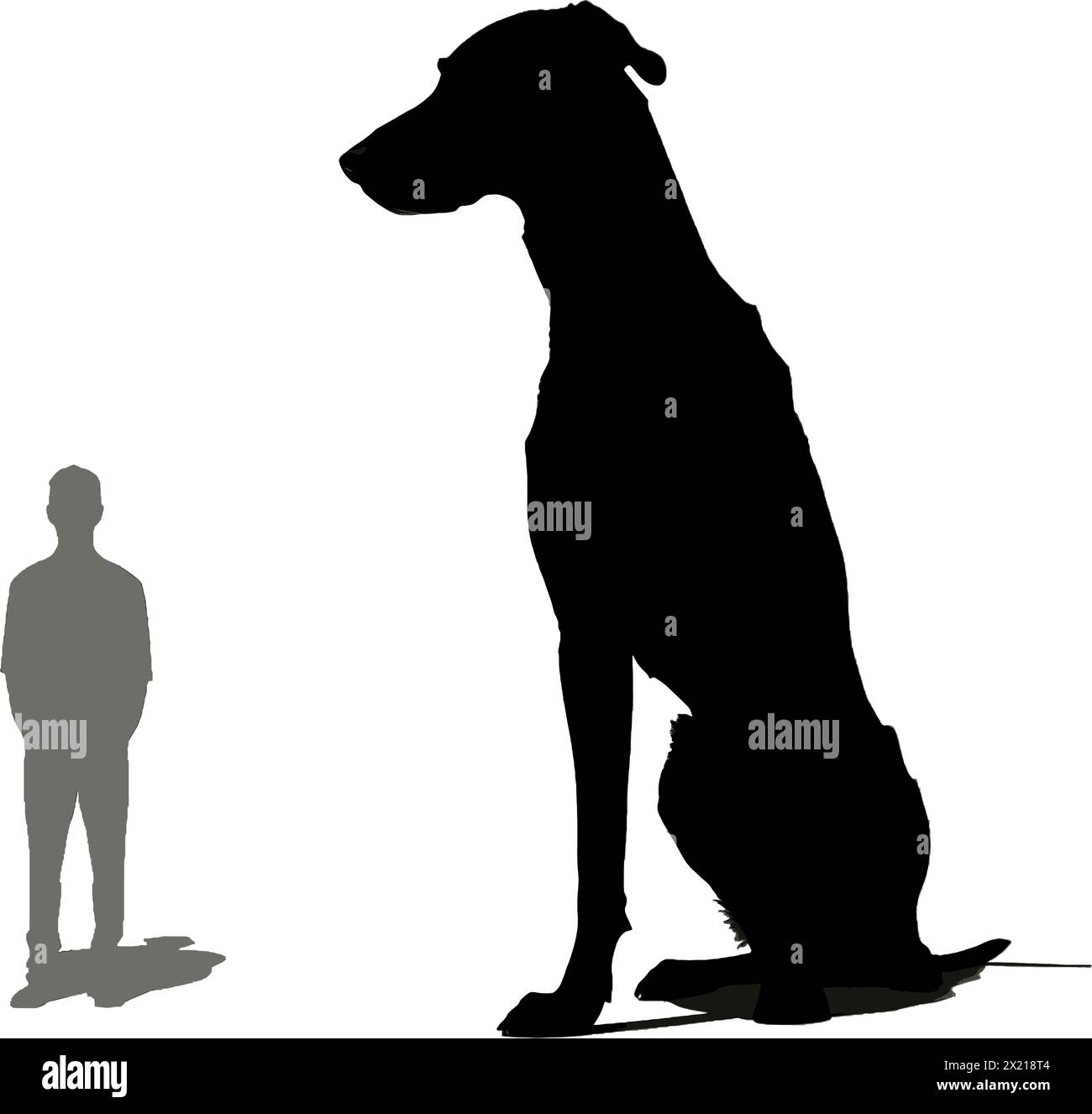 Illustration vectorielle d'un grand chien et d'un petit homme en silhouette noire sur un fond blanc propre, capturant des formes gracieuses. Illustration de Vecteur