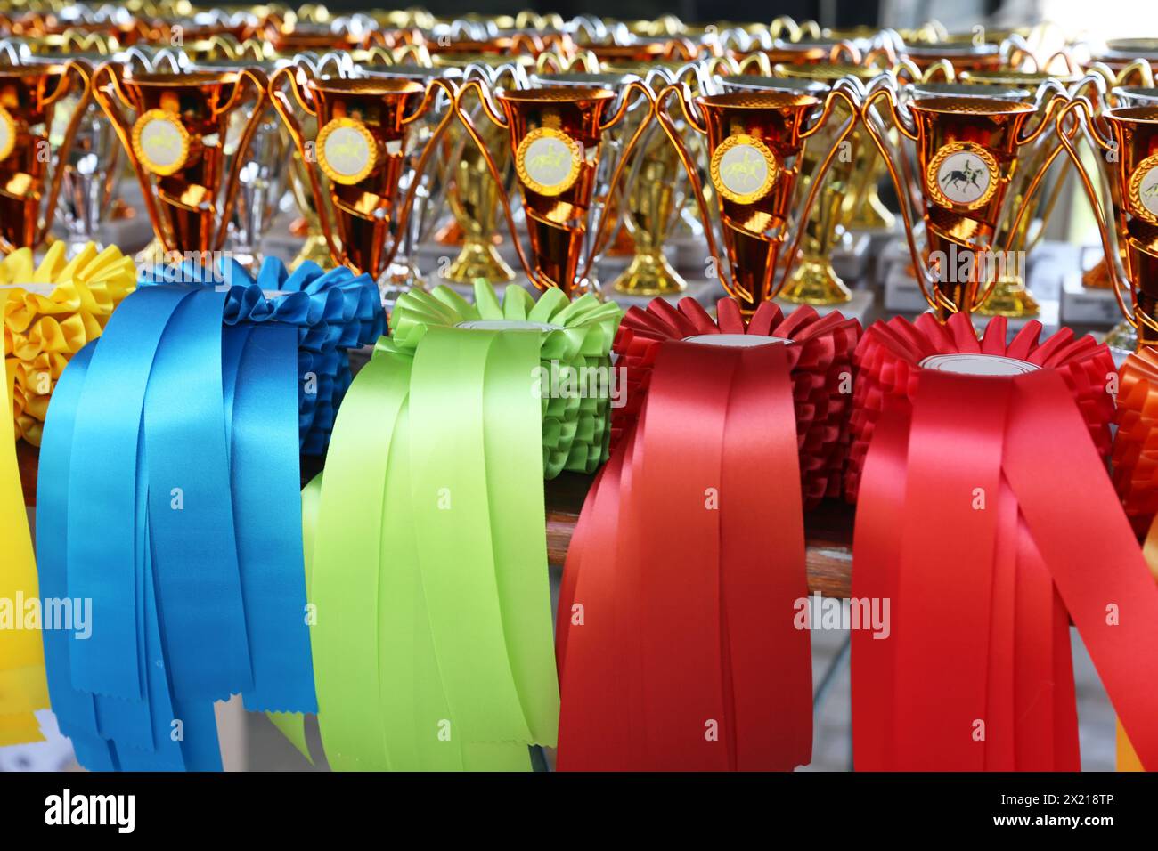 Groupe de beaux trophées colorés et rubans pour les gagnants et les participants à l'événement équestre en plein air Banque D'Images