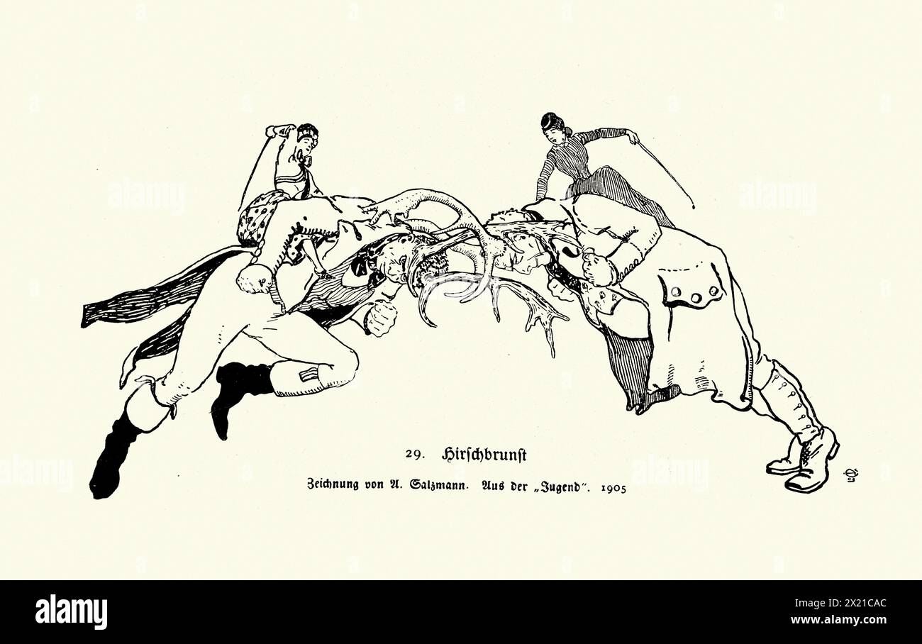 Le cerf rut, deux hommes représentés comme des cerfs se battant sur la femme, verrouillant les bois, art allemand des années 1900 Banque D'Images