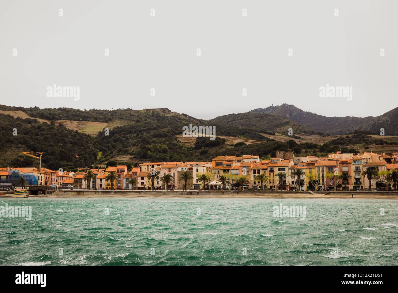 Maisons le long de la côte française de Collioure à côté des montagnes Banque D'Images