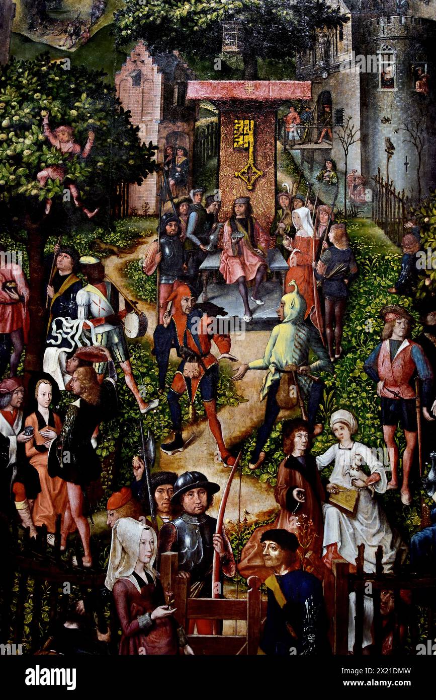 Festival des Archers - Schuttersfeest 1493 de Meister von Frankfurt , Meester van Frankfurt, Musée Royal des Beaux-Arts, Anvers, Belgique, Belgique. ( Au XVe siècle, les villes des pays-Bas comptaient sur les milices civiques pour aider à maintenir l'ordre public. Des guildes armées comme celle-ci ont également représenté leur ville lors de festivités ailleurs, et ont organisé des compétitions et des fêtes de leurs propres. Un festival très fréquenté organisé par l’une des quatre compagnies d’arbalète d’Anvers est ce que nous voyons ici. L'hôte était la «Guilde de l'ancien Handbow», qui a possédé la peinture pendant de nombreuses années. Banque D'Images