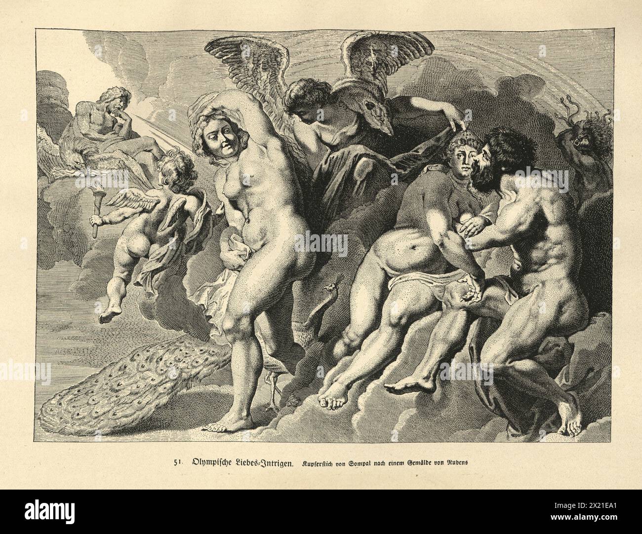 Vintage illustration Dieux, déesses et monstres, amour et intrigue dans Olympe, myghologie grecque, d'après Rubens Banque D'Images