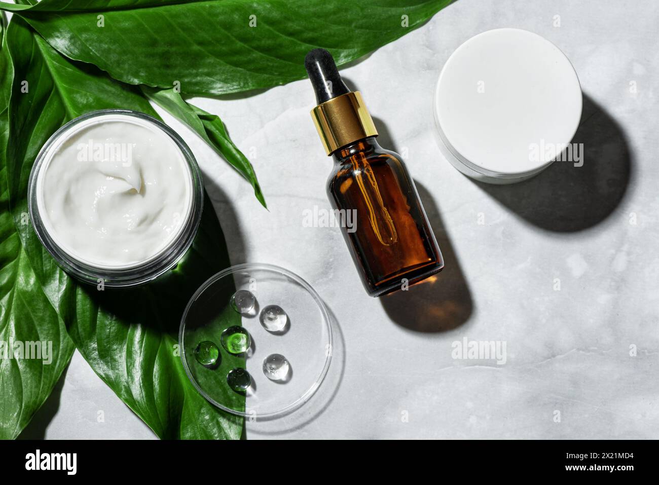 Cosmétiques naturels pour les soins de la peau et les feuilles de plantes vertes sur fond de marbre, pose plate. Bouteille de sérum, huile essentielle, pot de crème visage. ECO Beauty conc Banque D'Images