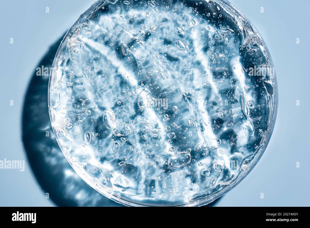 Texture de gel avec des bulles dans une boîte de Petri sur fond bleu. Recherche cosmétique en laboratoire et ingrédient collagène pour les soins de la peau. Banque D'Images