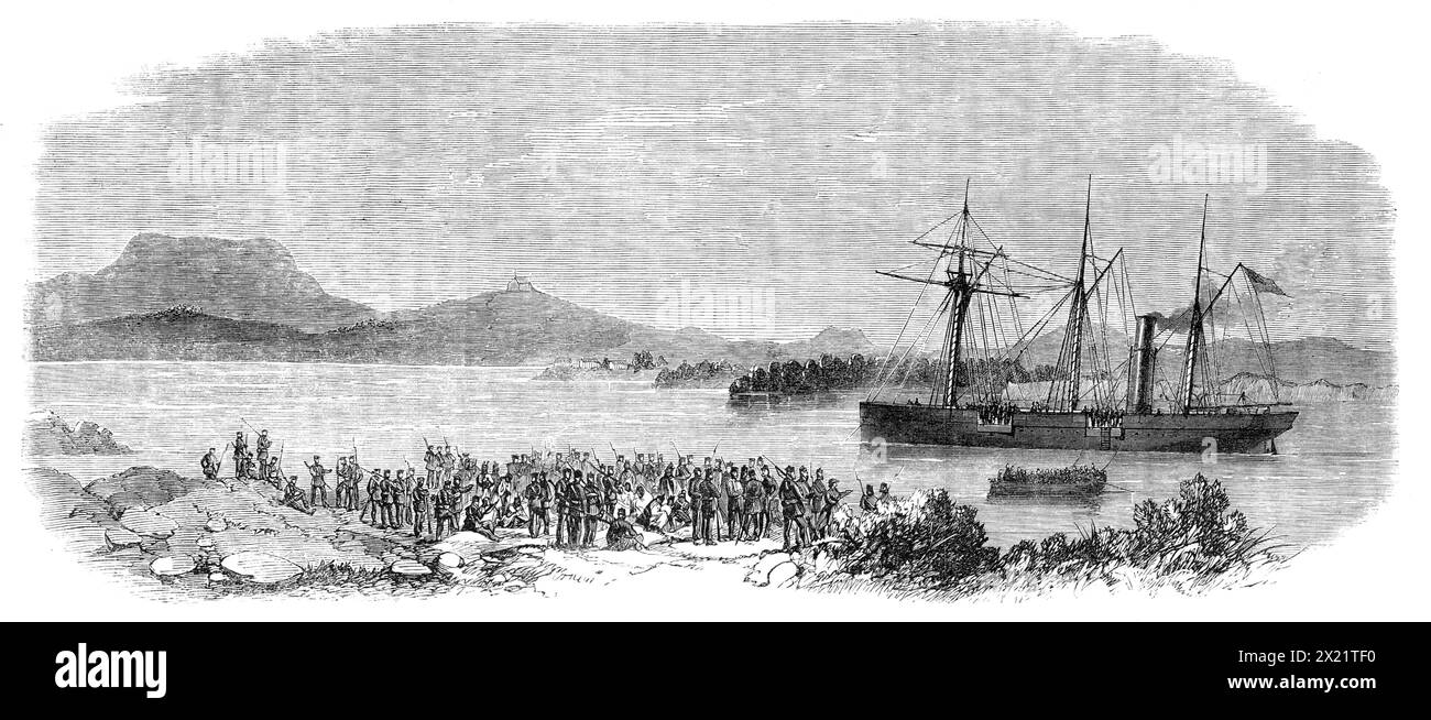 La guerre en Nouvelle-Zélande : prisonniers maoris de Rangariri attendant d'être placés à bord du H.M.S. Pioneer, 1864. Vue de '...la marche vers le bas des prisonniers, environ 180 au nombre... [Après] la victoire du général Cameron le 20 novembre ». L'invasion du Waikato est devenue la campagne la plus importante et la plus importante des guerres néo-zélandaises du XIXe siècle. Des hostilités ont eu lieu dans l'île du Nord entre les forces militaires du gouvernement colonial britannique et une Fédération de tribus M?ori connue sous le nom de mouvement Kingitanga. L'invasion visait à écraser le pouvoir Kingite (qui les colons européens Banque D'Images