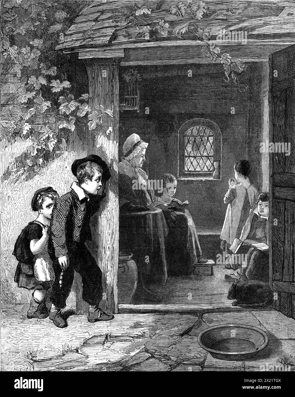 "Going to School", de T. Webster, R.A. dans la National Gallery (British School), South Kensington, 1864. Gravure d'un tableau. Deux garçons "rampent, comme un escargot, à l'école contre leur gré." L'aîné, crânant irrésolument à la porte de l'école, longtemps après l'heure d'ouverture, est en train de retirer sa casquette afin de faire son entrée d'une manière soumise et dérisoire; et nous n'avons aucun doute qu'il va essayer de mettre le meilleur visage sur son apparition tardive. Mais le plus jeune garçon, peut-être son frère, qui a peut-être été un complice à moitié réticent, ne peut pas cacher son gui Banque D'Images