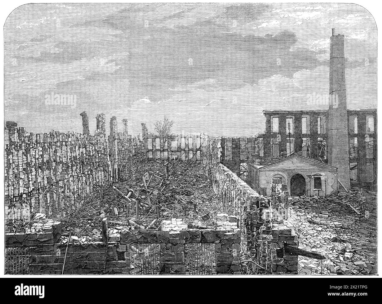 Ruines de l'usine d'armes à feu brevetées du Colonel Colt à Hartford, Connecticut, [États-Unis], récemment détruite par un incendie, 1864. 'La vaste usine de Hartford, Connecticut, appartenant à une société de fabrication des armes à feu brevetées du Colonel Colt - le revolver de Colt et d'autres, qui ont acquis une réputation mondiale - a été entièrement détruite par un incendie le 5 février dernier. Il contenait certaines des machines les plus belles et les plus ingénieuses qui aient jamais été produites par la science et l'habileté humaines. La valeur totale de l'usine et de son contenu était de plus de deux millions de dollars. En dépit de ce lourd Banque D'Images