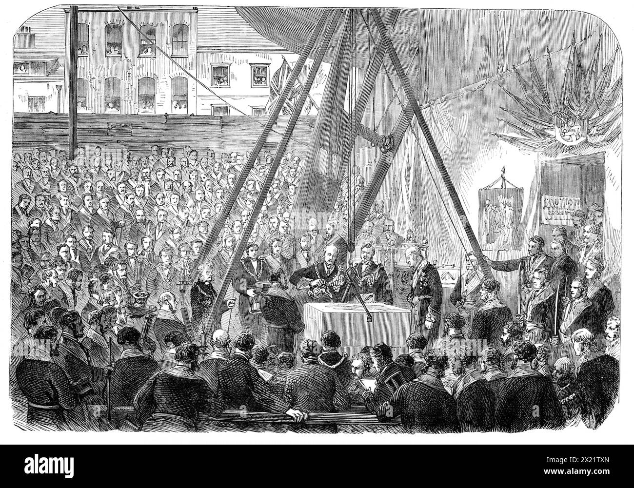 Pose de la première pierre du nouveau bâtiment en liaison avec Freemasons' Hall, Great Queen-Street, [Londres], 1864. « Cet édifice est de fournir un lieu de rassemblement central pour les francs-maçons en général, avec un hébergement plus complet que le Hall des francs-maçons existant et ses bureaux peuvent se permettre, et entièrement séparé des arrangements de la taverne des francs-maçons. L'architecte est Mr. F. P. Cockerell... la première pierre a été posée par le comte de Zetland, Grand Maître de l'ordre en Angleterre, accompagné par le comte de Grey et Ripon, Grand Maître adjoint, et le Grand Maître irlandais, le D. Banque D'Images