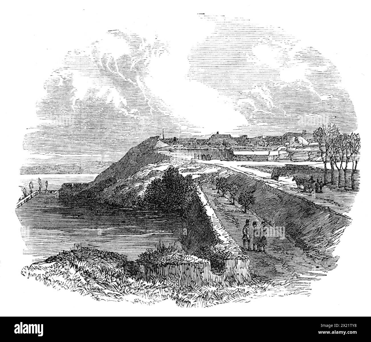 La guerre au Danemark : fortifications de Fredericia - le Bastion d'Oldenburg, 1864. Gravure à partir d'un croquis '... par notre artiste spécial, dernièrement avec les armées prussiennes et autrichiennes alliées au Schleswig. Il visite Fredericia, dans le Jutland, peu après son abandon par la garnison danoise. Les fortifications de cette ville... sont maintenant rapidement démolies ; un certain nombre d'habitants danois étant contraints par leurs conquérants sévères de prendre part à ce travail. La gravure donne une vue sur le Bastion d'Oldenburg, qui surplombe les eaux de la petite ceinture, sur le côté nord-est de la ville. Une pièce Banque D'Images