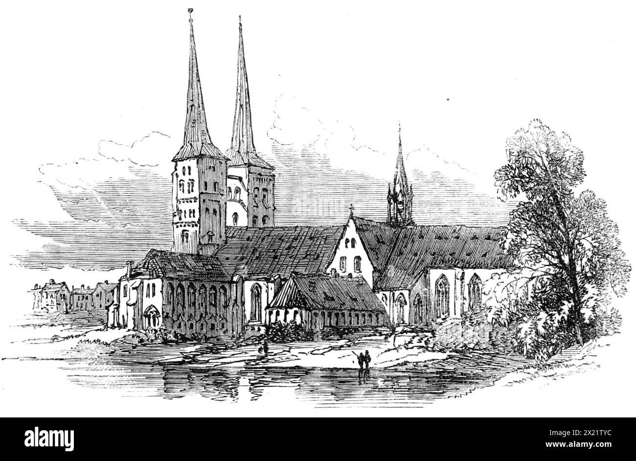 L&#xfc;Beck : la Cathédrale, 1864. '...nous nous tournons vers la cathédrale, un haut bâtiment de briques rouges, et entrons par le porche noble...nous ne devons pas omettre la mention d'une fresque, sur le côté sud, qui préserve la tradition singulière que la cathédrale fut construite par Henri le Lion à l'endroit même où il avait attrapé un merveilleux cerf, lâché par Charlemagne 400 ans auparavant, avec un collier orné de bijoux autour de son cou et une croix entre ses cornes, et portant cette inscription: "Hoc Caesar me donabat". Tiré de "Illustrated London News", 1864. Banque D'Images