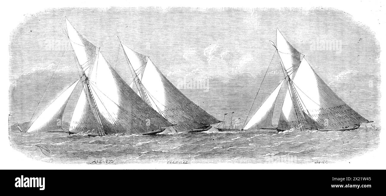 The Yacht matches in the Thames : Royal London Yacht Club, mai 30 : The Cutters off Southend, 1864. Astarte ; volante ; Surf. «Les navires qui ont démarré étaient : le Surf, 54 tonnes, appartenant à M. G. Harrison ; volante (59 tonnes), propriétaire M. H. C. Maudslay ; Astarte (75 tonnes), propriétaire M. T. Seddon ; Vindex (45 tonnes), propriétaire M. A. Duncan; et Banshee (53 tonnes), propriétaire Mr. J. Jones... le Surf a été construit par Fife l'année dernière... le volante a été construit par Harvey en 1851... L'Astarte est un nouveau navire de fer, construit par Messrs Day et Co.. le Vindex est de fer, construit l'année dernière à Millwall... le Banshee est un nouveau navire, b Banque D'Images