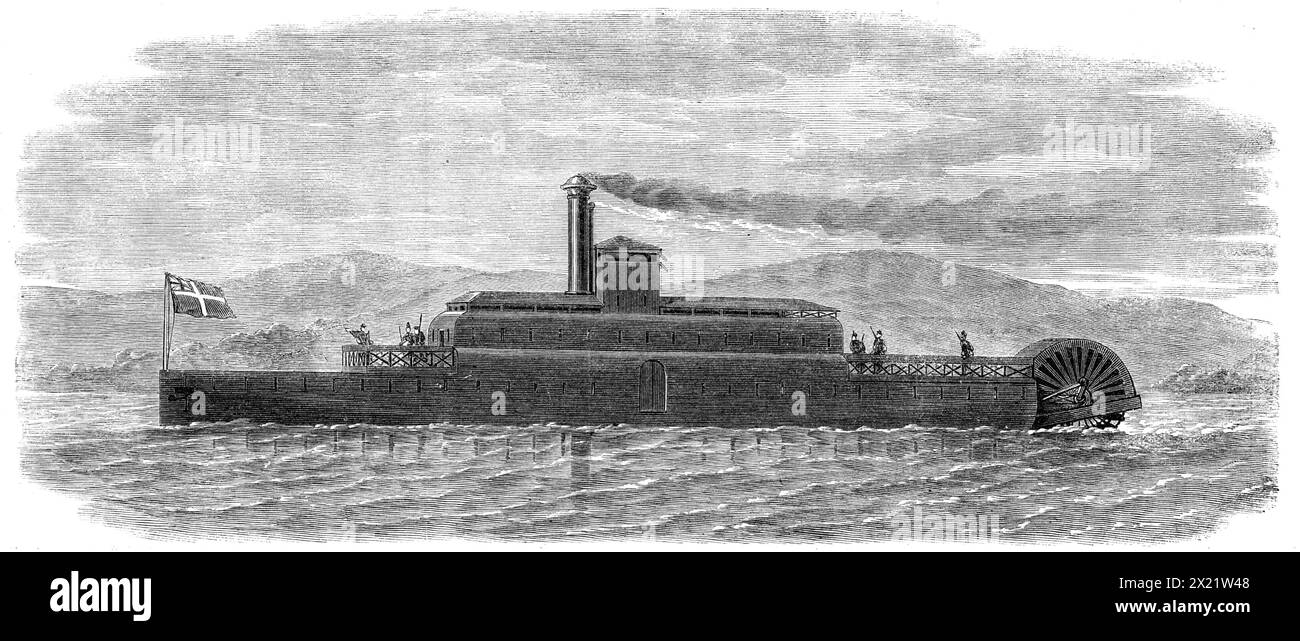 Le canonnier en fer Rangariri, construit à Sydney pour le gouvernement néo-zélandais, 1864. River-boat '...construit par les messieurs P. N. Russell et Co., pour le gouvernement colonial de la Nouvelle-Zélande...ce bateau, qui peut tourner facilement dans l'espace d'un peu plus que sa propre longueur, peut suivre les courbes d'une rivière telle que le Waikato dans sa partie la plus étroite, et peut être utilisé comme remorqueur de vapeur, remorquant des plates-formes pour le transport de troupes, ou peut être armé d'un fusil à chacun des hublots d'aspect singulier, qui sont fermés par des portes pliantes au milieu du pont inférieur ; tandis que les pavots de chaque côté ar Banque D'Images