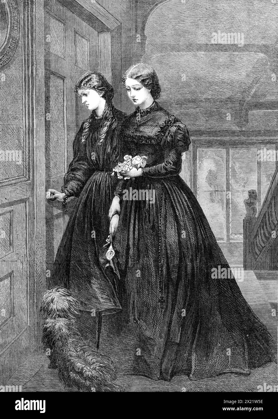 "Pour la dernière fois", par Miss E. Osborn, dans la Royal Academy Exhibition, 1864. Gravure d'un tableau. Question après question surgit involontairement dans l'esprit alors que nous regardons ces sœurs justes, habillées dans le deuil le plus profond, s'arrêtant avant qu'elles n'entrent dans la porte de la chambre. De qui ont-ils été endeuillés ? Les stores dessinés des fenêtres de la maison parlent d'un non encore enterré. Les filles, dont les yeux sont rouges en pleurant, en ont perdu un proche et cher. Ils sont laissés sans surveillance par d'autres membres de la famille lors de cette triste visite. Ils n'ont pas de compagnon mais leur fidèle chien...nous demandons encore au pictu Banque D'Images