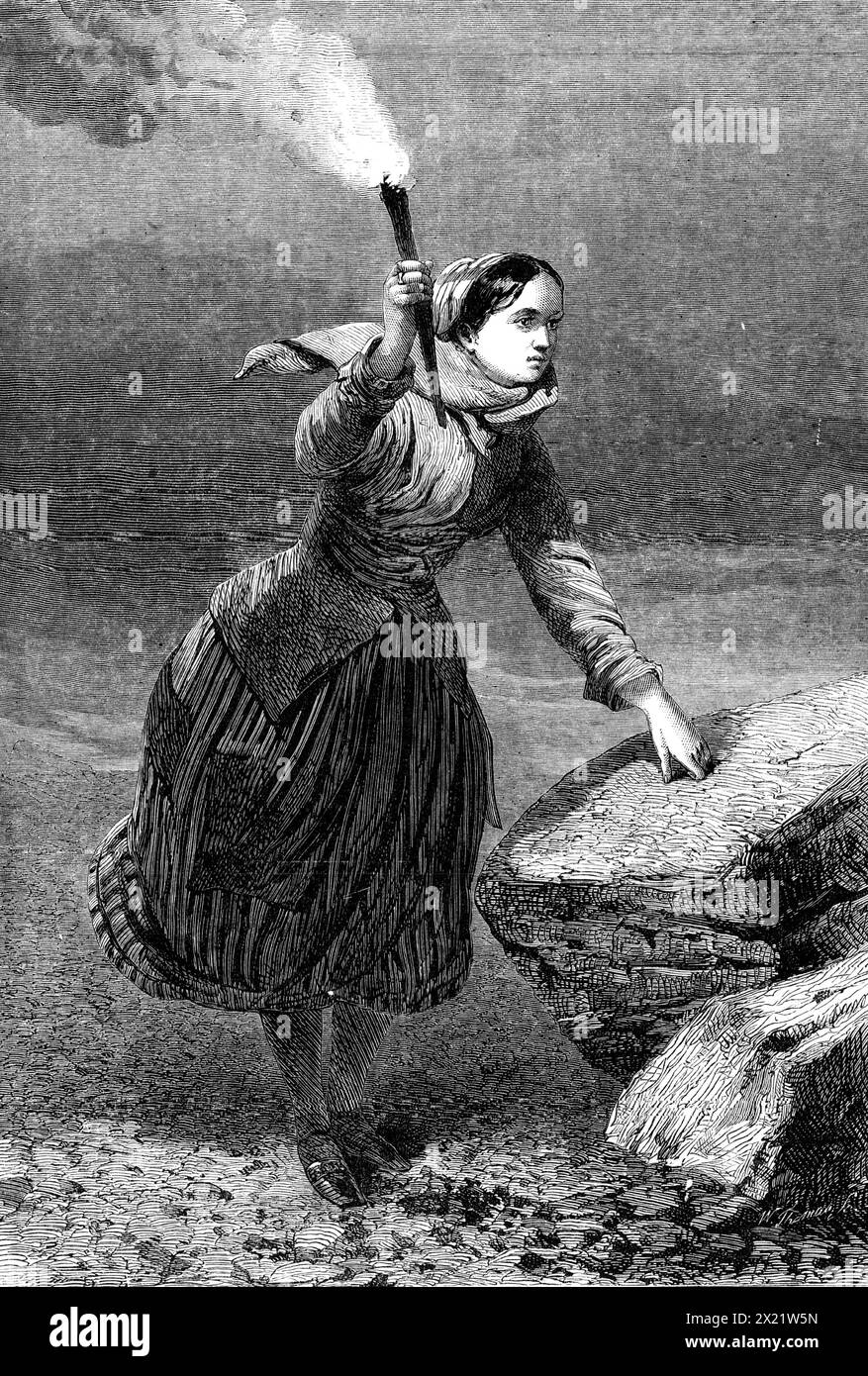 "The Beacon", par J. Absolon, dans l'exposition de l'Institut des peintres en aquarelle, 1864. Gravure d'un tableau. Pour quoi, ou pour qui, ce buxom, commodément Lass, a apporté sa torche, toute seule, à cet endroit désolant; pour qui, ou pour quoi, avec des yeux dilatés qui se chamaillent si brillamment dans la torche, regarde-t-elle avec autant de véhémence dans les ombres d'une... nuit annonciatrice de tempête ?...C'est évidemment un humble phare domestique, pas un feu pour alerter et réveiller une nation. En outre, le lieu est clairement... ardemment attendu, pas redouté ; et il est fixé sur les Français. Banque D'Images