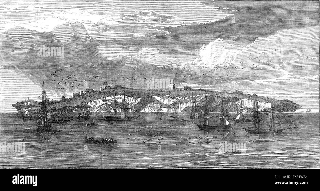 Sombrero, l'une des îles sous le vent, dans la mer des Caraïbes, 1865. Source de '...le plus riche gisement naturel de phosphate de chaux actuellement connu...un rapport a été fait au gouvernement britannique, mais n'a pas rencontré cette considération que les événements ultérieurs prouvent qu'il avait mérité. En 1856, les Américains prirent possession de l'île, et en très peu de temps exportèrent à hauteur de 100 000 tonnes de cet engrais précieux, pour ressusciter les terres épuisées des États du Sud. Par la suite, leurs délibérations attirèrent l'attention d'une expédition britannique d'arpentage, à Tha Banque D'Images