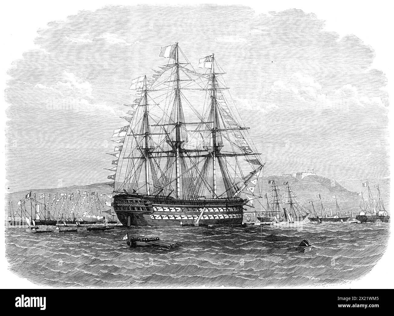 Le Festival naval international de Cherbourg : le navire amiral britannique, flotte de yachts, etc, habillé en l'honneur de la Fête de l'empereur - d'après un croquis de notre artiste spécial, 1865. Vue montrant "...le style dans lequel le navire amiral britannique a été décoré à cette occasion, tandis qu'un certain nombre de yachts et autres petits navires sont vus à une distance respectueuse derrière". Tiré de "Illustrated London News", 1865. Banque D'Images