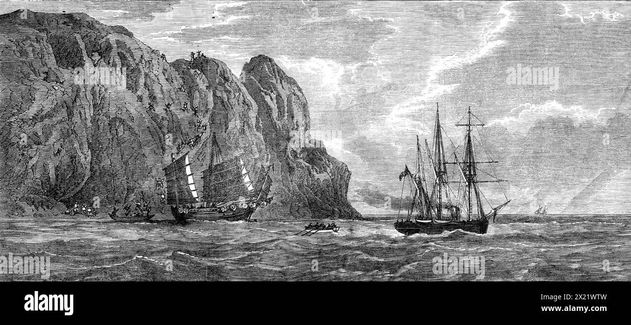 Pirates chinois attaqués par le canot britannique Opossum, près de Hong Kong, 1865. 'L'opossum, commandé par le lieutenant H. C. John, a été employé depuis quelques mois à châtier les pirates qui infestent diverses parties de la côte... et qui infligeaient des blessures cruelles aux commerçants pacifiques - tuant habituellement tous les hommes à bord de chaque navire qu'ils capturaient, et faire des esclaves des femmes...L'affaire représentée dans notre illustration (d'après un croquis d'un officier présent) a eu lieu le 1er mars. "C'était une poursuite difficile. Pas moins de quarante-trois pirates étaient à bord de th Banque D'Images