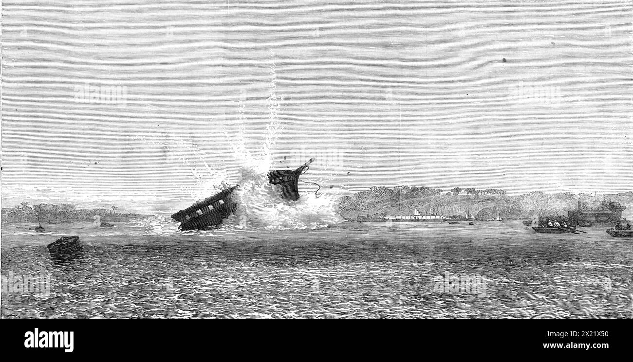 Expériences avec des obus de torpilles à Chatham : explosion du Terpsichore par un 75 livres, 1865. Des préparatifs étaient maintenant faits pour détruire la Terpsichore, frégate à voile de 18 canons, qui avait été mise à la disposition du M.R. Beardslee par l'Amirauté afin de mettre à l'épreuve les pouvoirs destructeurs de la torpille... quelques 75 lb. Des torpilles ont été prises... près du Terpsichore et là coulé... après une pause momentanée, est venu le rapport étouffé des deux torpilles à la fois, et le Terpsichore s'est soudainement élevé à ses prouesses de 10 pieds. ou 12 pieds dans les airs et talonné sur le talon Banque D'Images