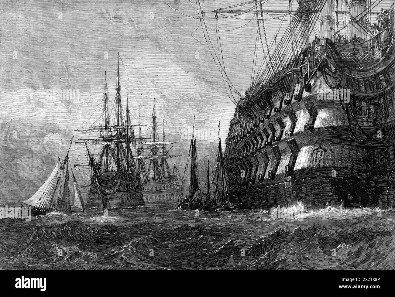 "A First-Rate Taking in Stores", de la collection Farnley Hall de dessins de J.M.W. Turner, R.A. 1865. L'une des «... les photographies admirables, par Messrs Caldesi et Co...from la collection de dessins Turner en possession de Mr. F. H. Fawkes - la plus belle série de dessins aquarelles de notre grand peintre paysagiste anglais appartenant à n'importe quelle galerie privée... "The First-Rate Taking in Stores", is...instanced par Mr. Ruskin comme illustrant la merveilleuse rapidité d'exécution de Turner ainsi que la mémoire... il représente une section de la coque d'un trois étages de la tige à s. Banque D'Images