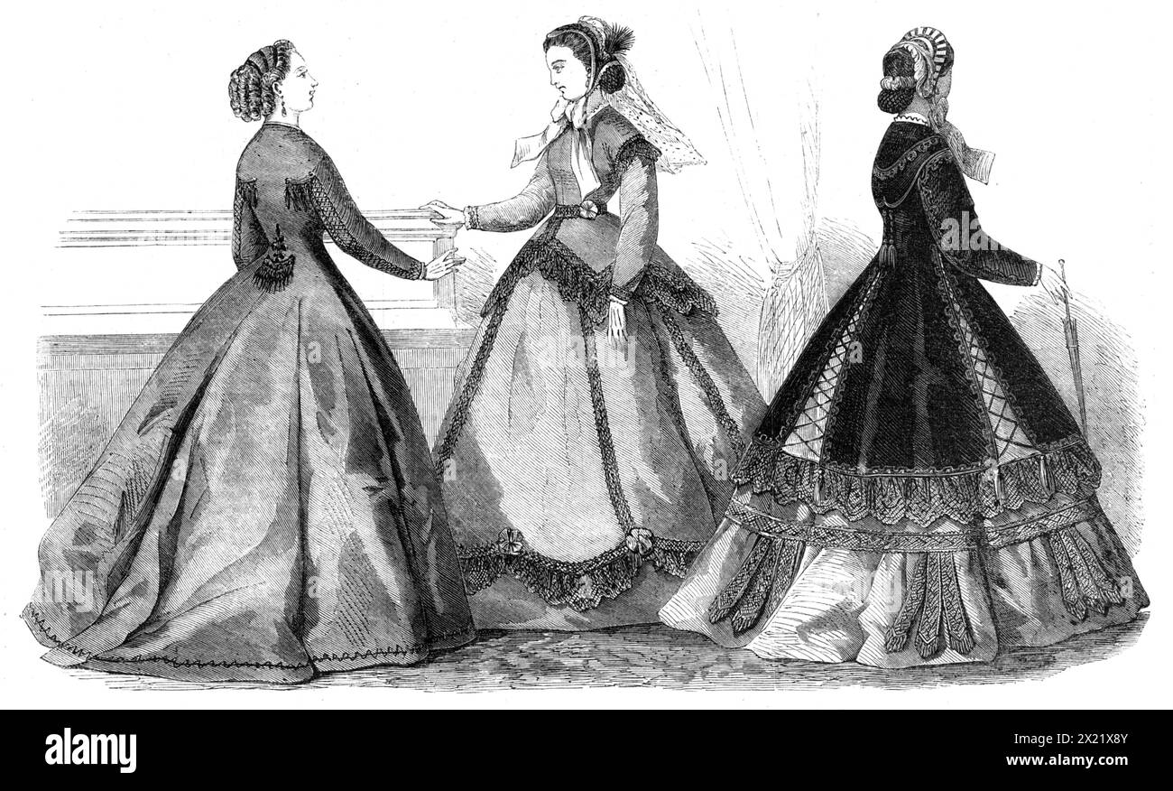 Paris mode pour novembre 1865. 1. 'Robe du matin en violet silk...its forme, la "Gabrielle", est au dernier degré devenant ; les garnitures à l'arrière du corsage et sur les épaules sont en insertion de gimp avec des bugles ; les nœuds d'épaule et les onglets étant de la même matière, avec des boutons pendants. Les lignes de jet ont ainsi introduit l'affichage pour profiter de l'élégante simplicité de ce costume...2. "Toilette de visite", en soie vert pomme, avec veste et jupe de la même teinte...le bonnet est très élégant. Le devant et l'intérieur étant en velours noir, bril considérable Banque D'Images