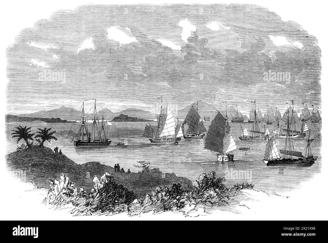 Flotte de jonques chinoises, avec H.M.S. opossum, se préparant à attaquer des pirates à How-Chow, 1865. «Il a été récemment mentionné dans notre Journal que les pirates qui infestent les mers de Chine ont commis au cours des douze derniers actes très audacieux dans les environs de Hainan, attaquant des navires marchands de taille considérable sous pavillon anglais, allemand et d'autres pavillons européens; et que par conséquent, le canot de sa Majesté Opossum, commandé par le lieutenant fourni John, a été envoyé pour coopérer avec les mandarins dans le but de capturer les pirates. L'illustration ci-jointe montre la flotte chinoise, un Banque D'Images