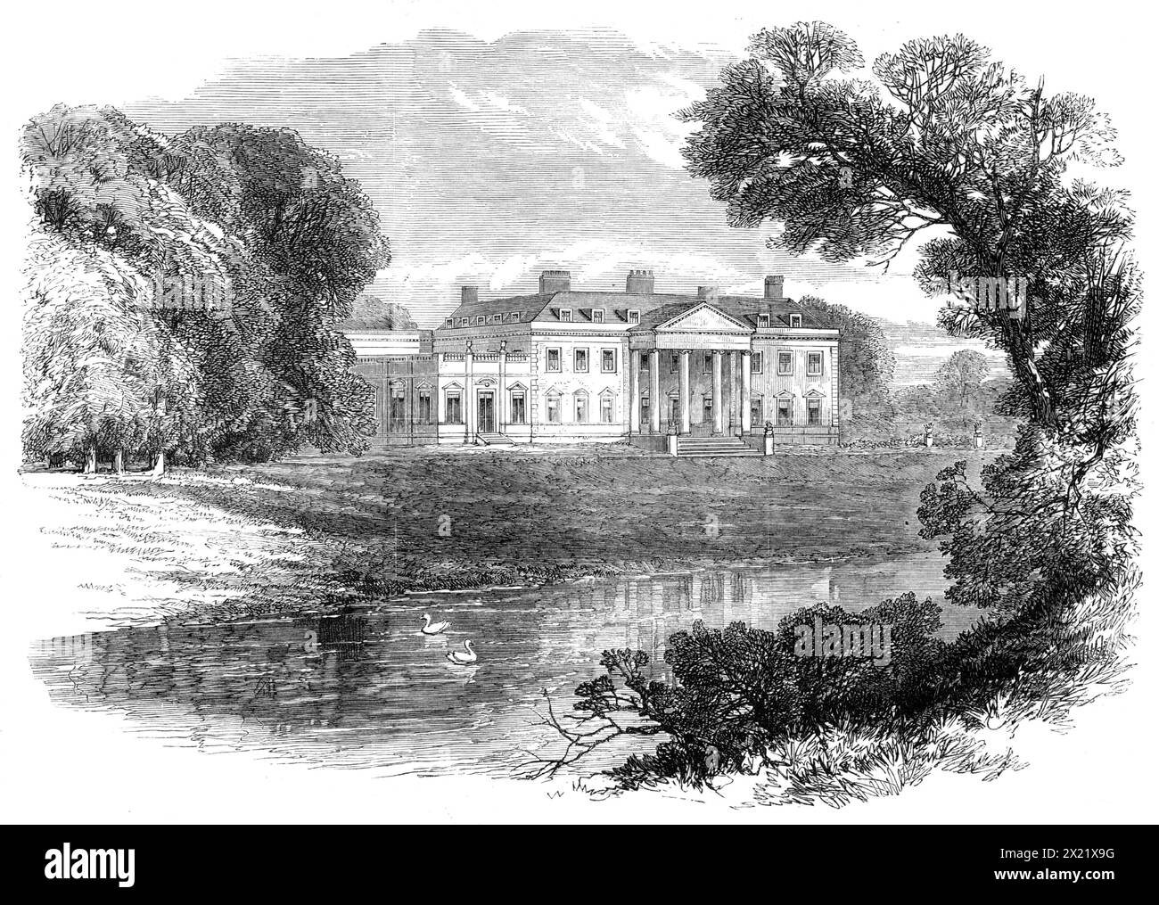 Broadlands, près de Romsey, Hants, siège de campagne et lieu de naissance de Lord Palmerston, 1865. Ici, à Broadlands, le 20 octobre 1784, le regretté premier ministre, Henry John Temple, est né... la propriété de Broadlands...came dans la possession du grand-père de Lord Palmerston vers le milieu du siècle dernier. Sa limite approche près de la ville de Romsey, sur la route Southampton, le parc, qui est assez grand, s'étendant sur environ un mile et quart, et occupant les deux rives de la rivière test... le parc est bien orné de bois et d'eau, ayant de nombreux arbres majestueux regroupés avec beaucoup de goût et Banque D'Images