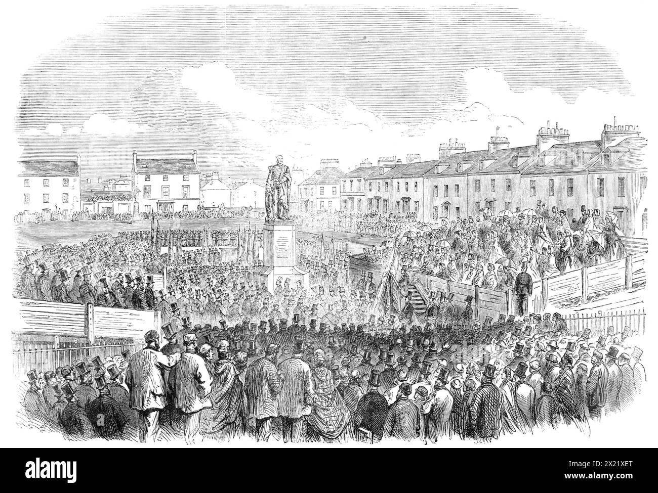 Dévoilement de la statue de feu Lord Eglinton à Ayr, 1865. Gravure d'après une photographie de David Campbell. 'Une statue, par M. Noble, du regretté comte d'Eglinton, décédé en octobre 1861, a été dévoilée au public au view...in Wellington-Square, dans la ville d'Ayr, avec des cérémonies maçonniques et autres d'un genre imposant, et avec des discours prononcés par Lord Colville, président du Comité commémoratif d'Eglinton; le marquis d'Ailsa, Lord Lieutenant d'Ayrshire, le Provost de la ville d'Ayr, et d'autres personnes de distinction locale - un assemblage très nombreux, y compris tout le rang et la mode o Banque D'Images