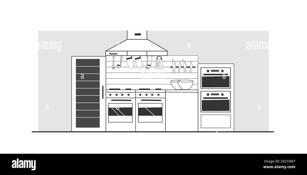 Illustration intérieure linéaire de la cuisine professionnelle dans un restaurant ou un café. Illustration de Vecteur
