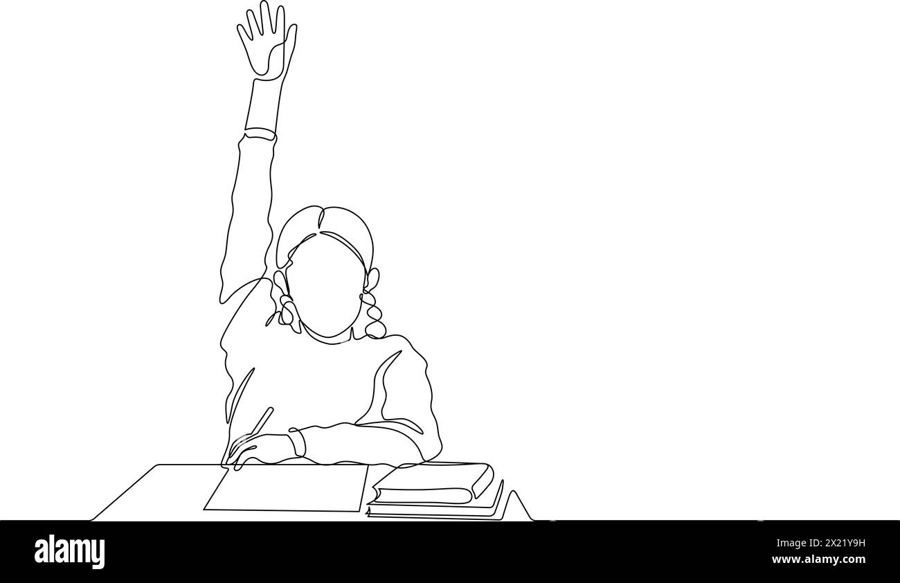 dessin de ligne continue des écoliers levant la main pour le signal réponse poser et questions dans le vecteur de classe Illustration de Vecteur