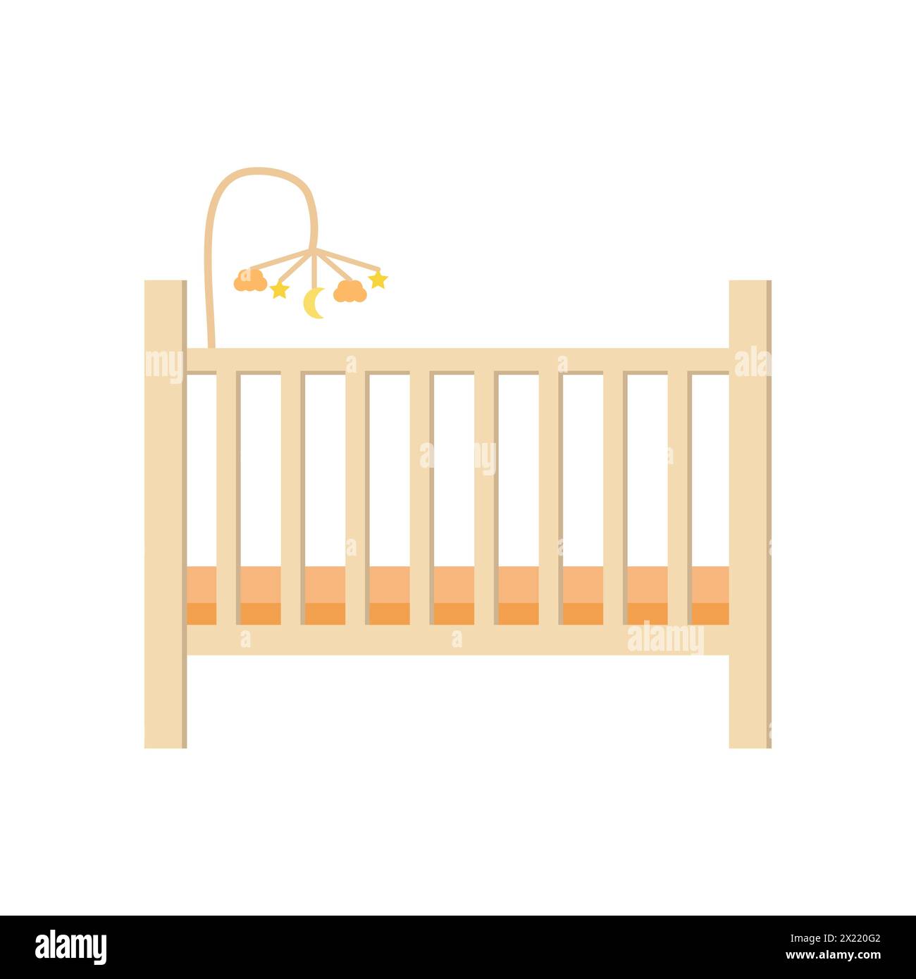 Lit de bébé, berceau en meubles de couleurs pour chambre d'enfants isolé sur fond blanc dans un style plat avec illustration vectorielle mobile suspendue. Illustration de Vecteur