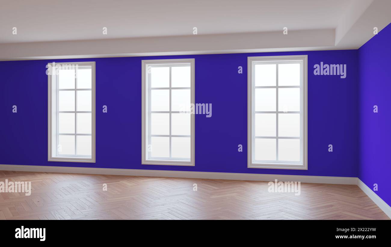 Intérieur avec murs violets, trois grandes fenêtres, parquet à chevrons brillant clair et socle blanc. Beau concept non meublé de la chambre. Rendu 3D, Ultra HD 8K, 7680x4320, 300 dpi Banque D'Images