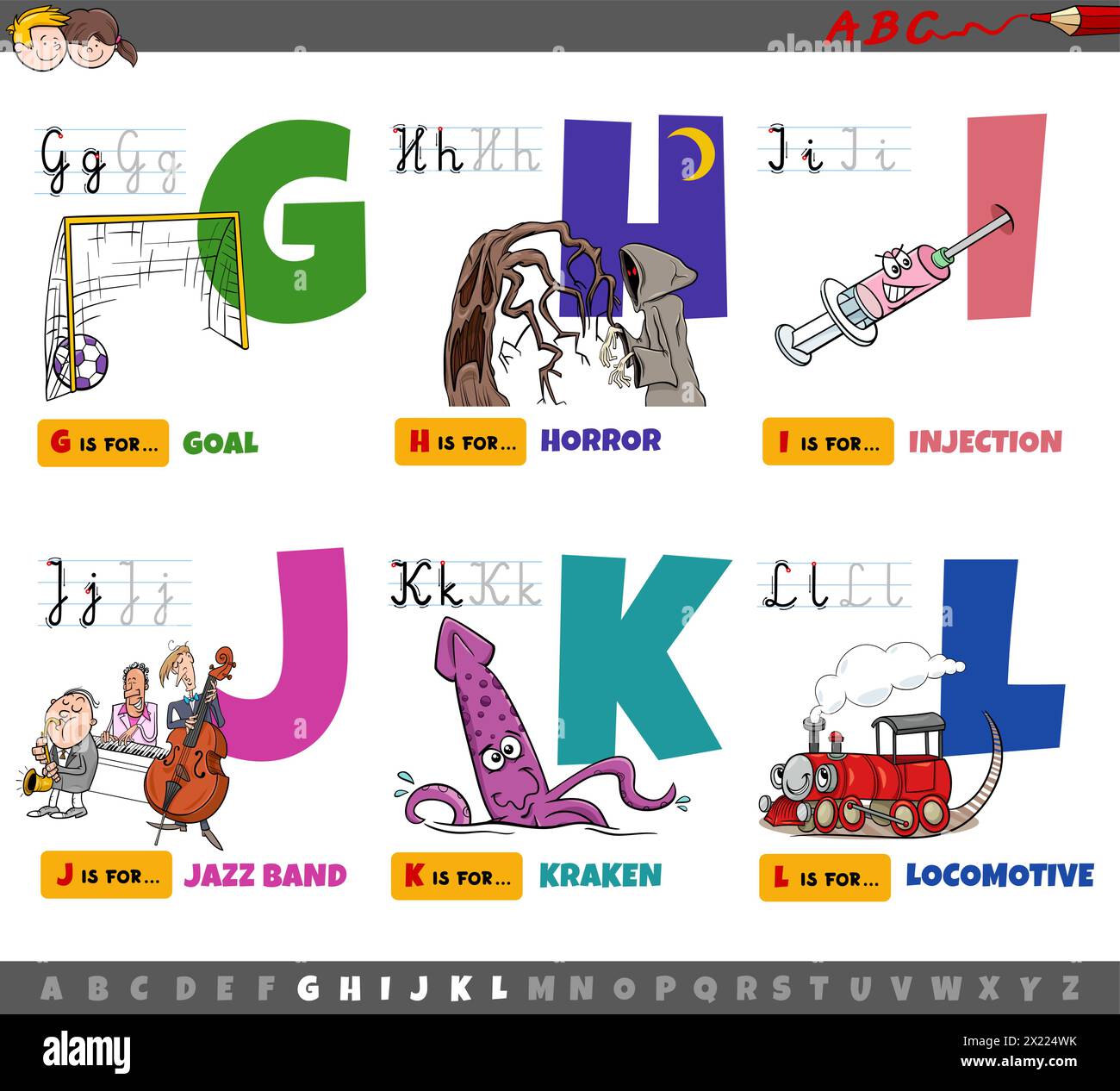Illustration de dessins animés de lettres majuscules de l'alphabet ensemble éducatif pour Pratique de lecture et d'écriture pour les enfants de G à L. Illustration de Vecteur