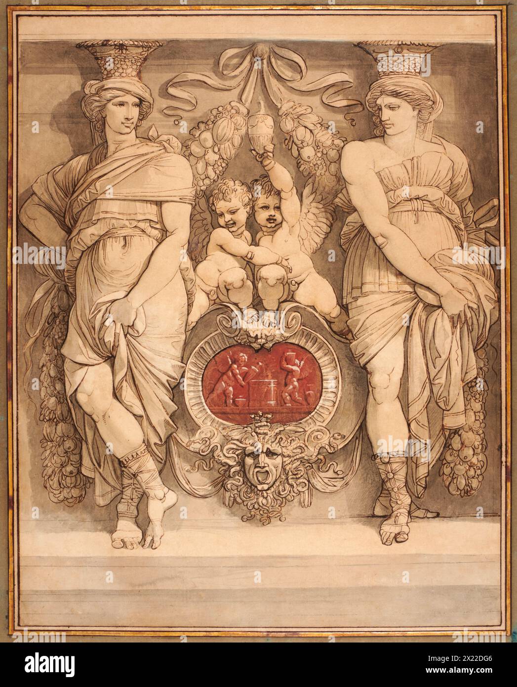 Deux figures caryatides encadrant Une cartouche avec deux Cupids (deux figures de Cariatides encastrant une cartouche Surmont&#xe9;e de deux Amours), fin des années 1770 Banque D'Images