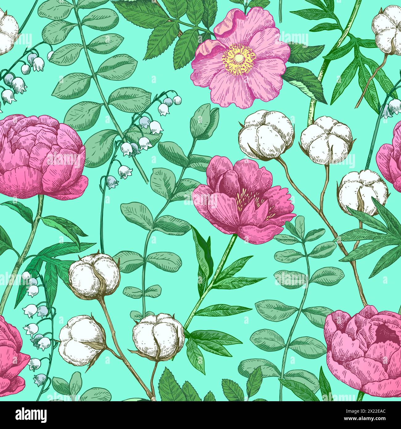 Motif sans couture coloré avec pivoine et eucalyptus dans le style de gravure victorien. Illustration vectorielle. Illustration de Vecteur
